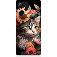 Teknomeg Xiaomi Redmi Note 12 Pro Plus Uyumlu Çiçekler ve Kül Gri Kedi Desenli Silikon Kılıf