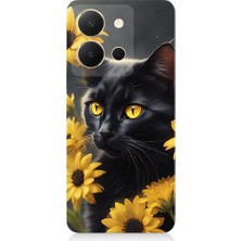 Teknomeg Vivo Y36 Uyumlu Sarı Çiçekler ve Kara Kedi Desenli Silikon Kılıf