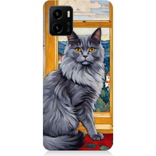 Teknomeg Vivo Y15S Uyumlu Kül Rengi Tüylü Kedi Desenli Silikon Kılıf