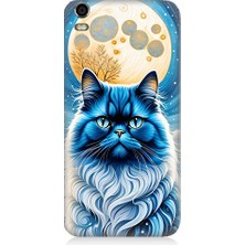 Teknomeg Vestel Venus V5 Uyumlu Asil Mavi Kedi ve Ay Desenli Silikon Kılıf