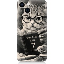 Teknomeg Apple Iphone 14 Uyumlu Kitap Okuyan Kedi Desenli Silikon Kılıf