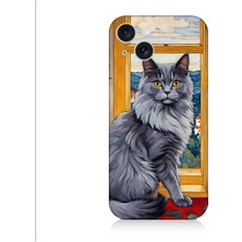 Teknomeg Apple İPHONE15 Plus Uyumlu Kül Rengi Tüylü Kedi Desenli Silikon Kılıf
