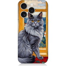 Teknomeg Apple Iphone 15 Pro Uyumlu Kül Rengi Tüylü Kedi Desenli Silikon Kılıf