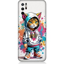 Teknomeg Xiaomi Poco M3 Pro Uyumlu Kapşonlu Sarmal Kedi Desenli Silikon Kılıf
