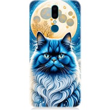 Teknomeg Vestel Venus V7 Uyumlu Asil Mavi Kedi ve Ay Desenli Silikon Kılıf