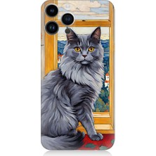 Teknomeg Apple Iphone 13 Pro Max Uyumlu Kül Rengi Tüylü Kedi Desenli Silikon Kılıf