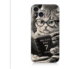 Teknomeg Apple İPHONE15 Plus Uyumlu Kitap Okuyan Kedi Desenli Silikon Kılıf