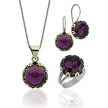 Erdobia Ametist Taşlı Lale Motifli Yuvarlak Otantik Gümüş Kadın Set