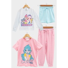 For You Kids 4'lü Winx Baskılı Tshirt Şort Pantolon Beyaz Takım