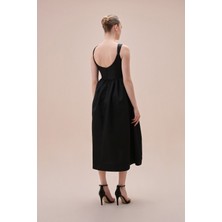 Oleg By Oleg Cassini Siyah Saten Askılı Midi Boy Elbise