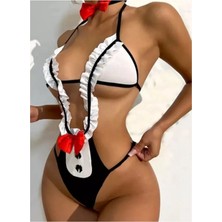 Sialess Lingerie Kadın Siyah Fırfır Detaylı Smokinli  Babydoll Fantazi Gecelik K-8137