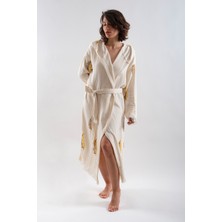 Reina Teks Peştemal Bornoz Pareo Pamuklu Plaj Sarı Çam Yaprak Desen 1 Adet Unisex Beachwear Kimono Kaftan