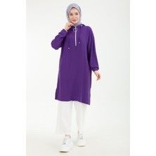 Armine Trend Kolları Ribanalı Kapüşonlu Yarım Fermuarlı Tunik Mor 24YT461