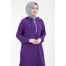 Armine Trend Kolları Ribanalı Kapüşonlu Yarım Fermuarlı Tunik Mor 24YT461