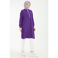 Armine Trend Kolları Ribanalı Kapüşonlu Yarım Fermuarlı Tunik Mor 24YT461