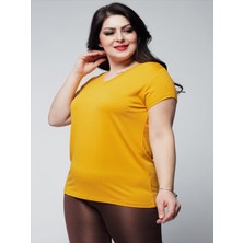 Ebsumu Kadın Büyük Beden V Yaka Basic Kısa Kollu Hardal T-Shirt
