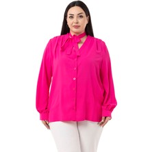 Disentis Modest Büyük Beden Boyundan Bağlama Detaylı Manşetli Fuşya Gömlek