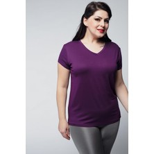 Ebsumu Kadın Büyük Beden V Yaka Basic Kısa Kollu Mor T-Shirt