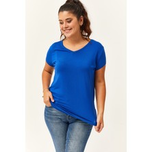 Ebsumu Kadın Büyük Beden V Yaka Basic Kısa Kollu Mavi T-Shirt