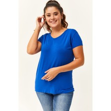 Ebsumu Kadın Büyük Beden V Yaka Basic Kısa Kollu Mavi T-Shirt