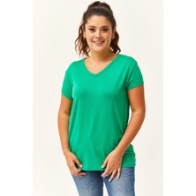Ebsumu Kadın Büyük Beden V Yaka Basic Kısa Kollu Yeşil T-Shirt