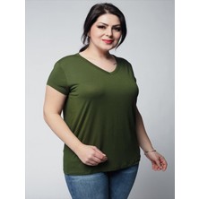 Ebsumu Kadın Büyük Beden V Yaka Basic Kısa Kollu Haki T-Shirt