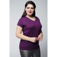 Ebsumu Kadın Büyük Beden V Yaka Basic Kısa Kollu Mor T-Shirt