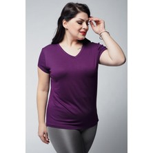Ebsumu Kadın Büyük Beden V Yaka Basic Kısa Kollu Mor T-Shirt