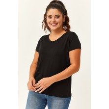 Ebsumu Kadın Büyük Beden V Yaka Basic Kısa Kollu Siyah T-Shirt