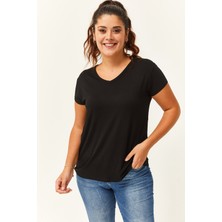 Ebsumu Kadın Büyük Beden V Yaka Basic Kısa Kollu Siyah T-Shirt