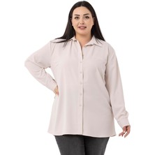 Büyük Beden Süs Fleto Cepli Manşetli Bej Rengi Gömlek