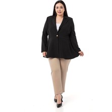 Disentis Modest Büyük Beden Tek Düğmeli Belde Bant Detaylı Kloş Astarsız Siyah Ceket