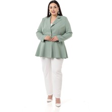 Disentis Modest Büyük Beden Tek Düğmeli Belde Bant Detaylı Kloş Astarsız Mint Ceket