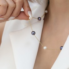 Nox Jewelry 14 Ayar Altın Kaplama Tahiti ve Beyaz İnci İstasyon Gümüş Kolye - CNP00123