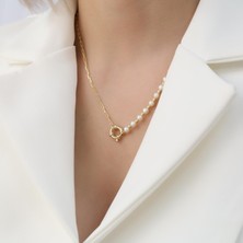Nox Jewelry 14 Ayar Altın Kaplama İncili Ataç Zincir Tasarımlı Gümüş Kolye Çap:6mm CNP00120
