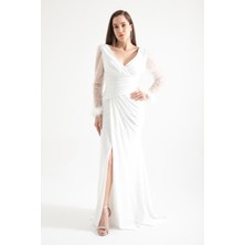 Lafaba Kadın Beyaz V Yaka Kolları Taşlı Yırtmaçlı Uzun Abiye Elbise