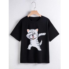 Hanclo Unısex Rahat Kalıp Pamuklu Havalı Kedicik Baskılı Çocuk T-Shirt