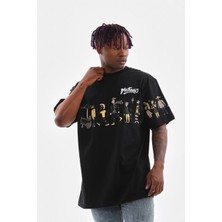 Tarz Yeri Unisex Bisiklet Yaka Baskılı Oversize T-Shirt - Siyah