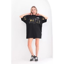 Tarz Yeri Unisex Bisiklet Yaka Baskılı Oversize T-Shirt - Siyah