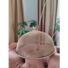 Ebruli Emaye 30CM Lux Gold Çelik Örgü Tel Fanus Büyük Boy Kuş Figürlü Sunum Kapağı