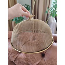 Ebruli Emaye 30CM Lux Gold Çelik Örgü Tel Fanus Büyük Boy Kuş Figürlü Sunum Kapağı