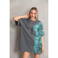 YS Innovation Unisex Bisiklet Yaka Baskılı Oversize T-Shirt - Gri