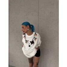 Stock Mount Unisex Bisiklet Yaka Baskılı Oversize T-Shirt - Beyaz