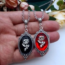 Herşey Nota Gotik Victorian Gül Detay Tablo Kolye 1 Adet Kırmızı Kolye
