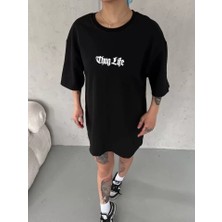 Stock Mount Unisex Bisiklet Yaka Baskılı Oversize T-Shirt - Siyah