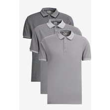 Altınyıldız Classics Erkek Açık Siyah-Açık Gri-Koyu Gri 3'lü Çekmeyen Pamuklu Slim Fit Kıvrılmaz Polo Yaka Tişört