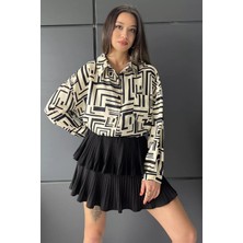Julude Krem Desenli Oversize Gömlek P-00010093
