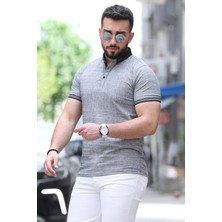 Julude Siyah Polo Yaka Ön Düğmeli Desenli Likralı Erkek Tişört P-00010291