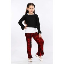 Mornio Kız Çocuk 3'lü Takım Fırfırlı Kol Sweatshirt,t-Shirt ve Geniş Paça Pantolon MRN2426