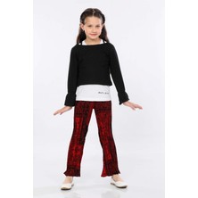 Mornio Kız Çocuk 3'lü Takım Fırfırlı Kol Sweatshirt,t-Shirt ve Geniş Paça Pantolon MRN2426